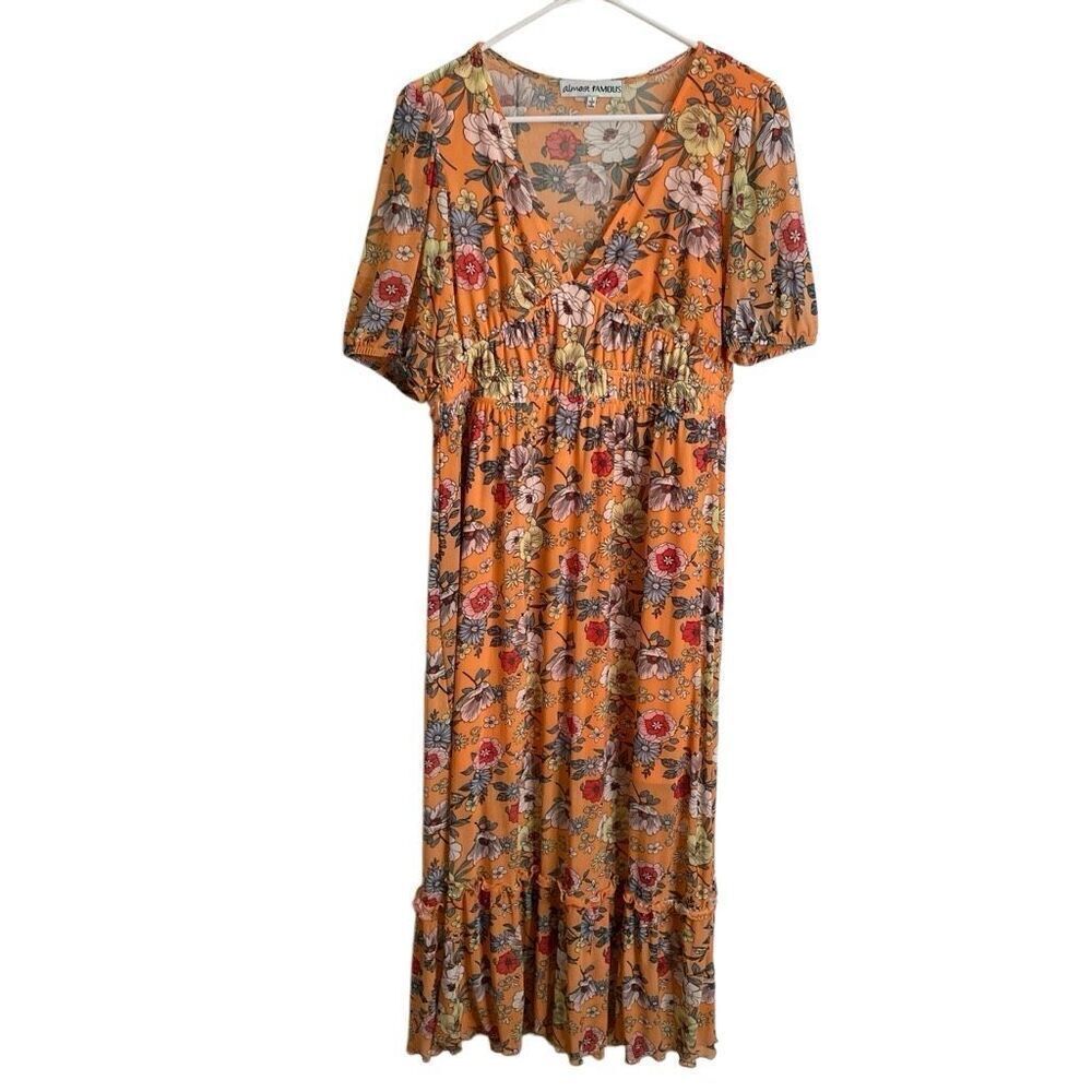 Festivalwear Dress Juniors Neon Retro Floral Maxi Dress L Prairiecore Micro Mesh - Picture 8 of 9